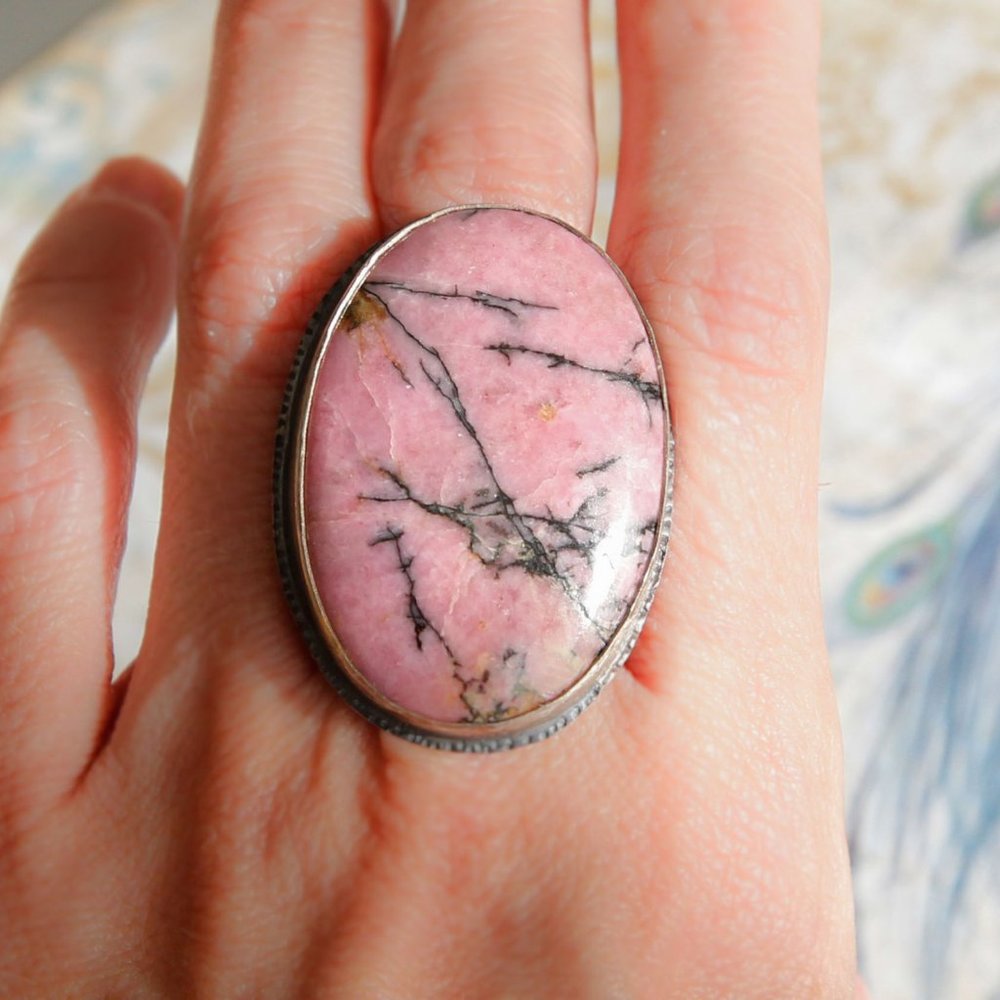 Large rhodonite and silver ring
